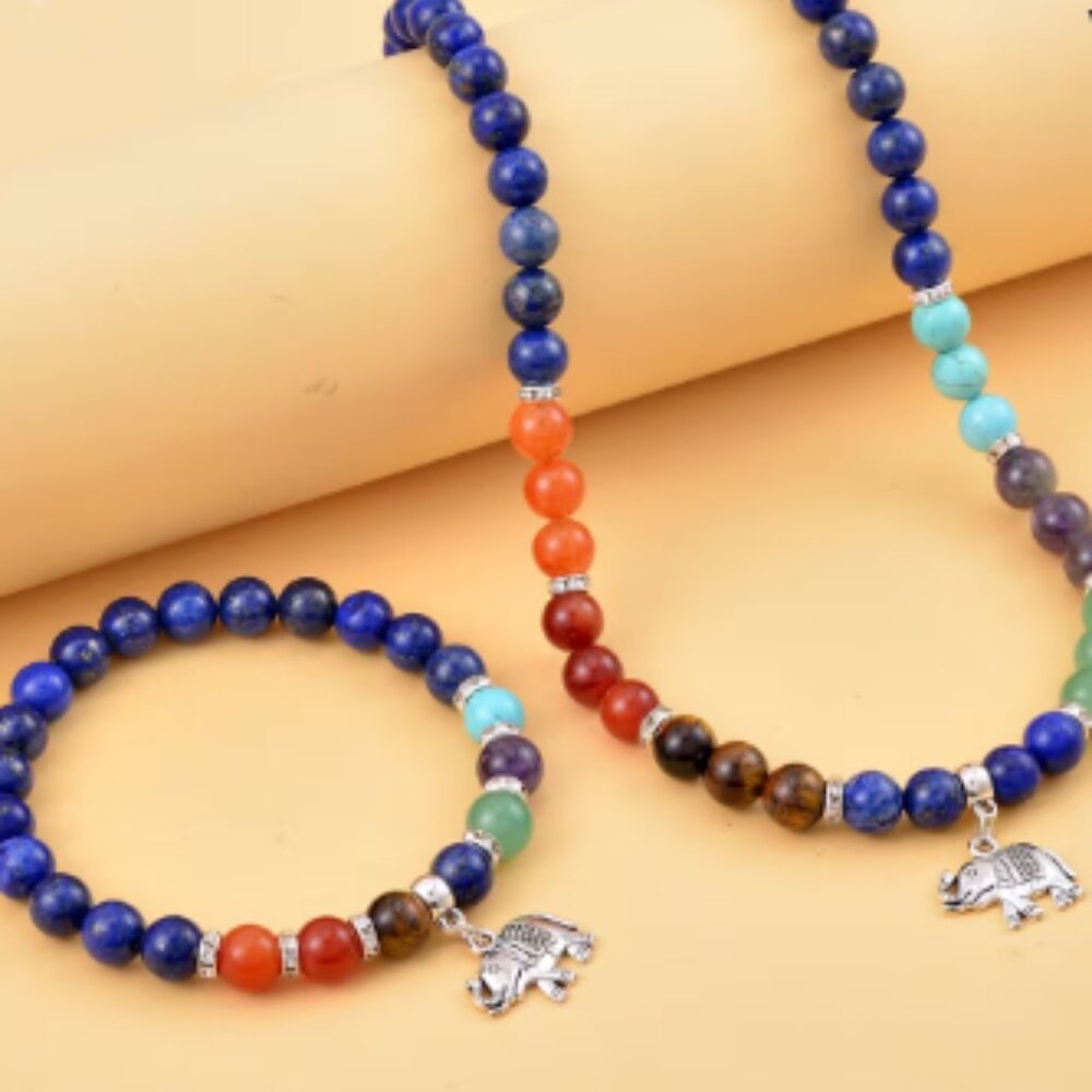 Multi Gemstone Beaded 7 Chakra Stretch Bracelet and Necklace w/Elephant Charm